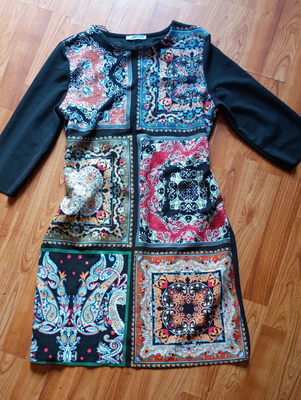 Zara Long-Sleeve Shift Dress in Black with Multi-Color Tile Print